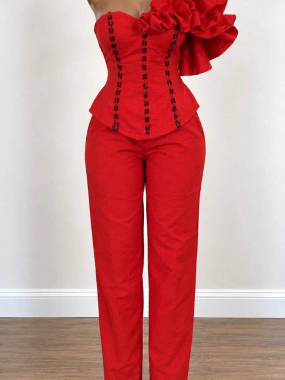 High-Rise Red Straight-Leg Trousers
